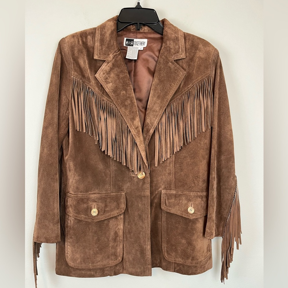 Together Brown Leather Suede Fringe One Button Jacket Cropped sleeves Size S
